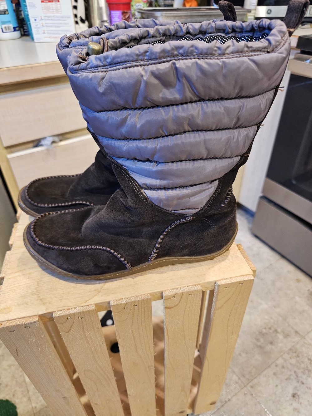 Quilted Gray and Dark Brown Women's Winter Pull-On Boots